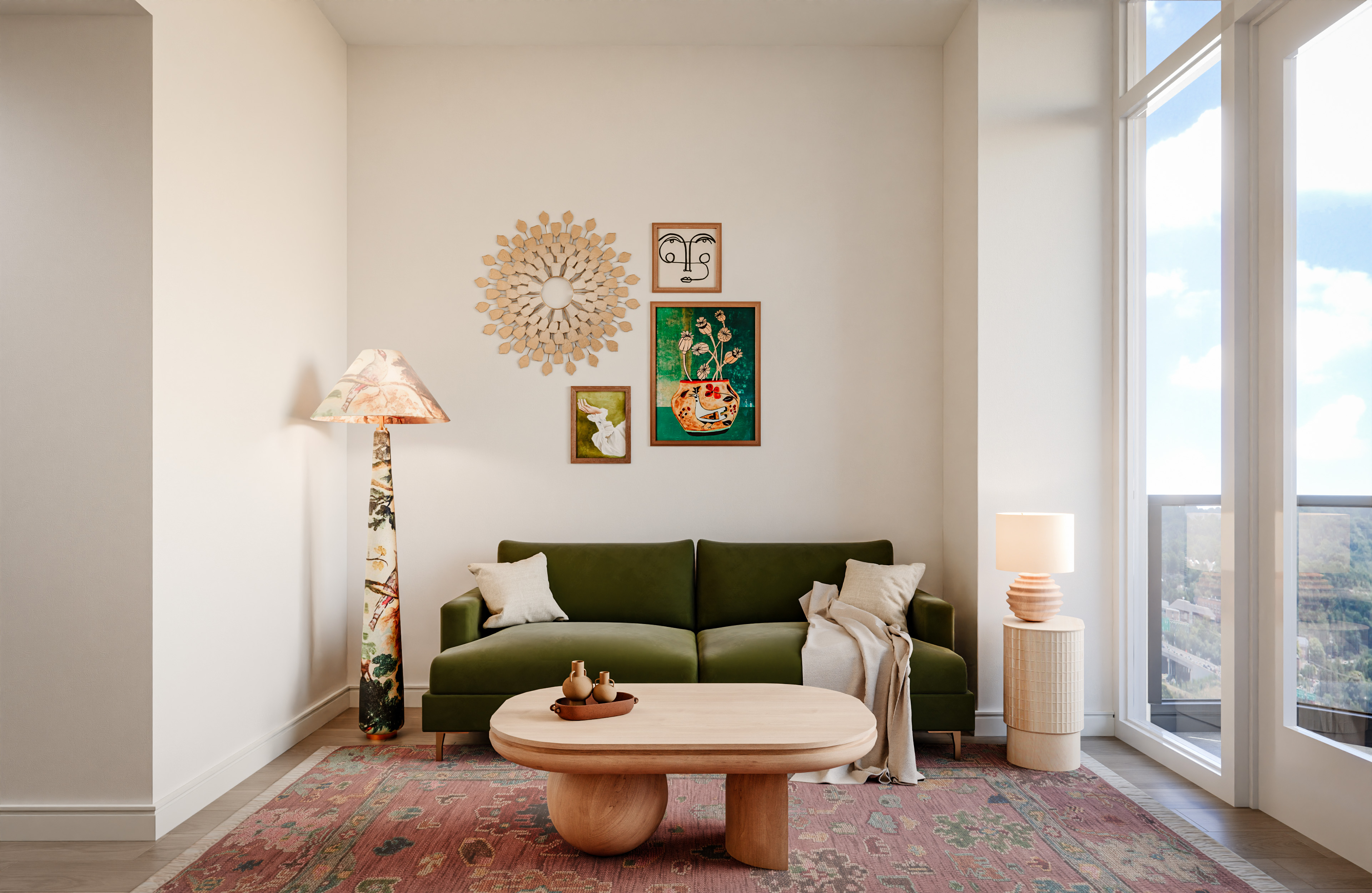 Living room with large floor to ceiling windows