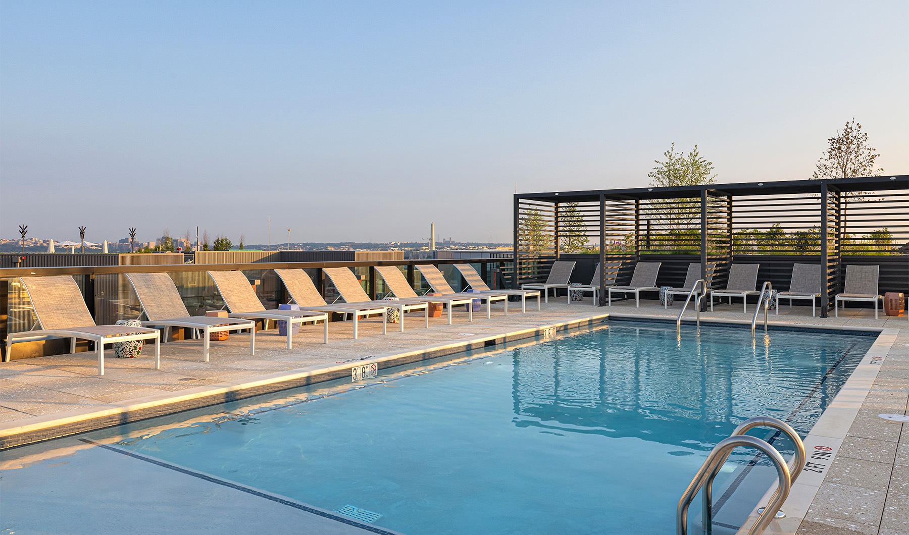 a pool at sunset