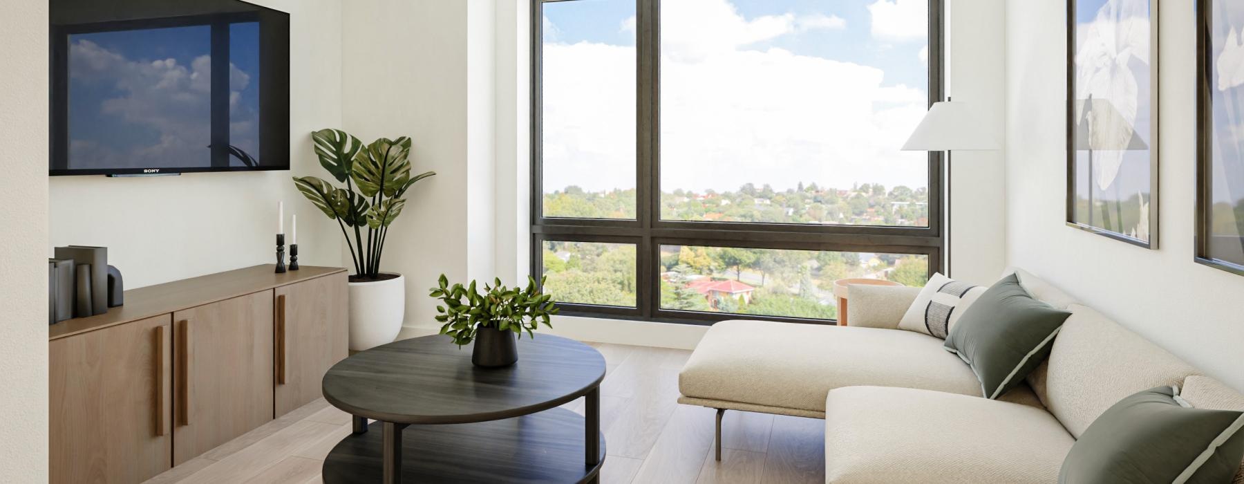 a living room with a large window